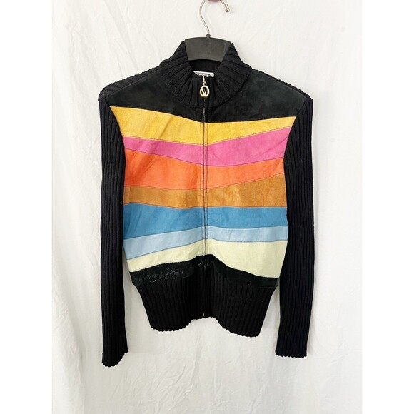 ST JOHN Lamb Suede Leather And Wool Sequin Striped Jacket Women Size S Full Zip - Picture 7 of 10